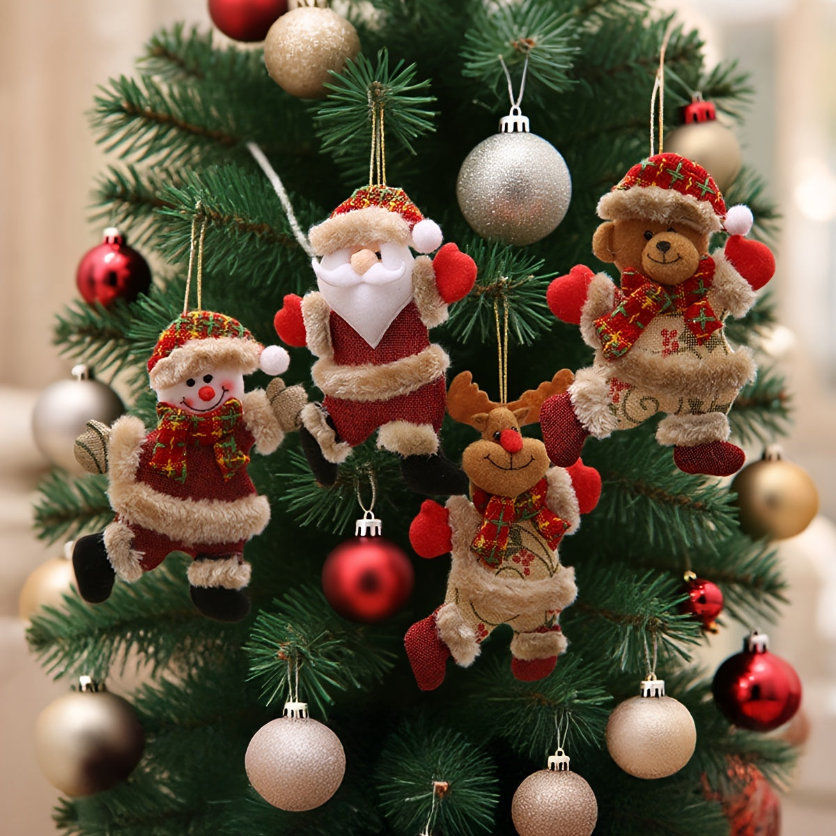 Festive Christmas Tree Ornaments - Santa, Snowman, Reindeer & Bear Figures With Red & White Scarves, Golden Balls & Red Bows - Perfect For Holiday Decor, Christmas Decorations The Emporium