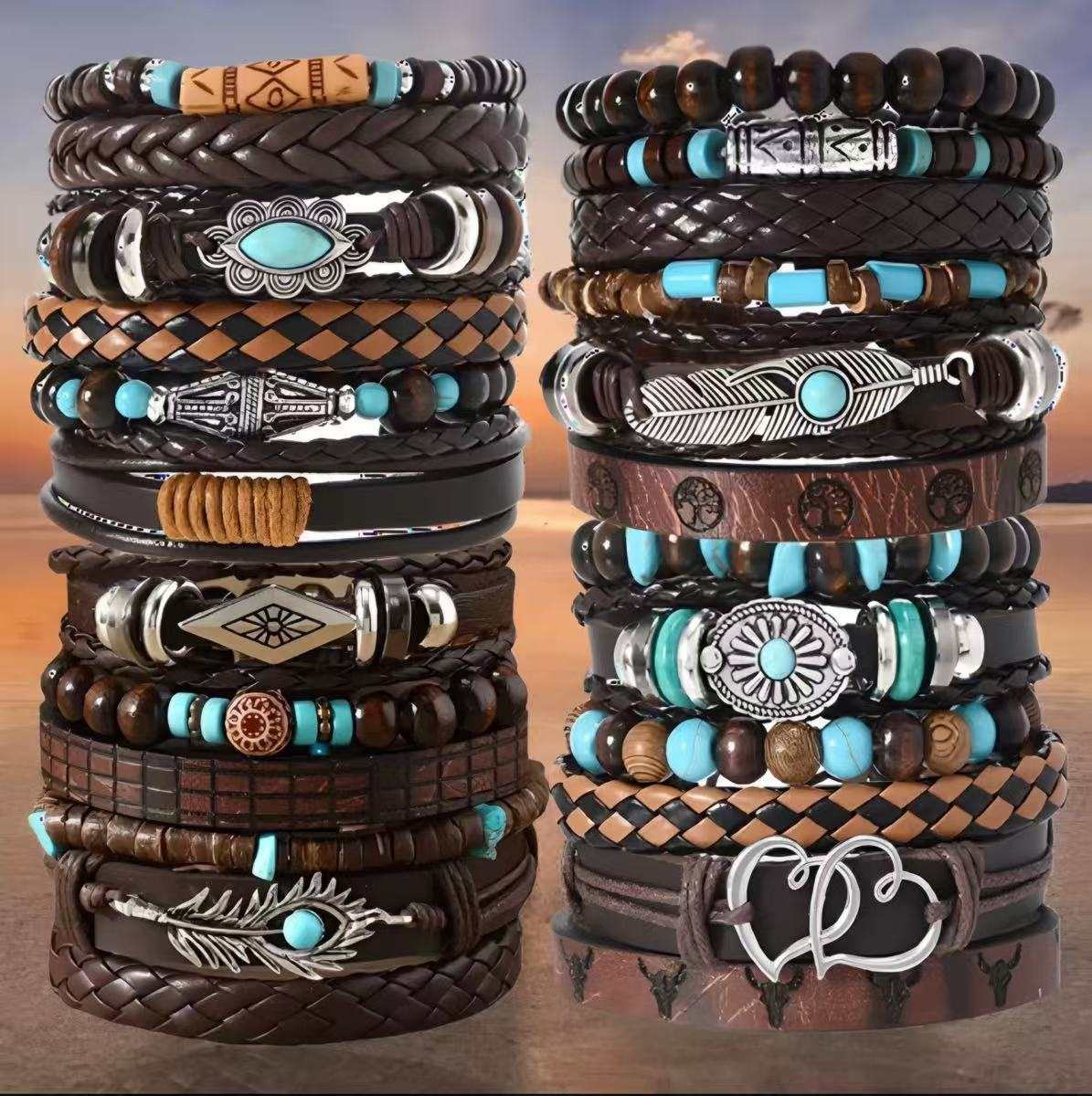 Multi-layer peacock feather bracelet set with leather, beads, and alloy accents in boho unisex style