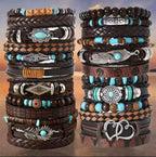 Peacock Feather Bracelet Set | Multi-Layer Leather & Bead Jewelry