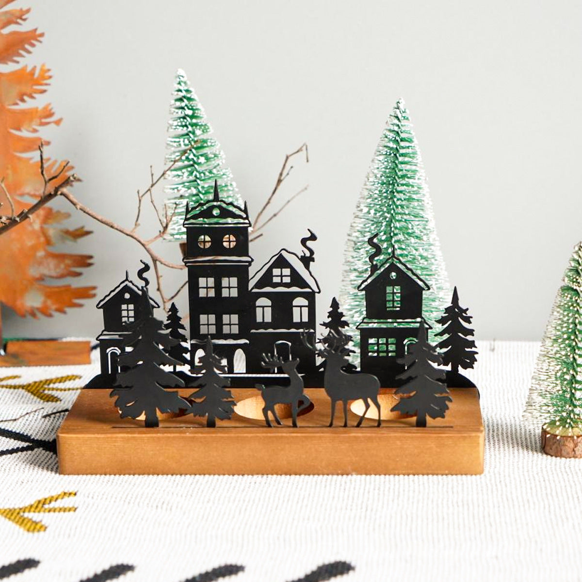 Wrought Iron Christmas Tree Candle Stick Wooden Base Candle Holder Beckett