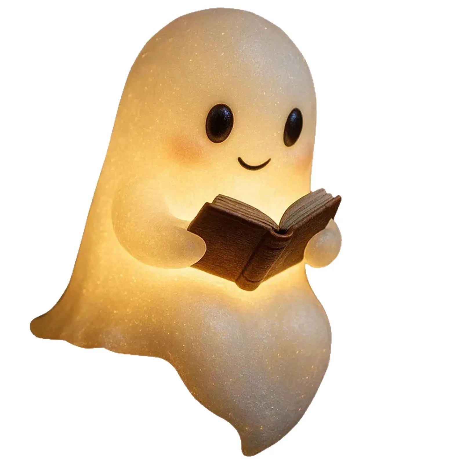 Cute LED ghost children's nightlight glowing softly while holding a book, perfect bedside lamp for kids
