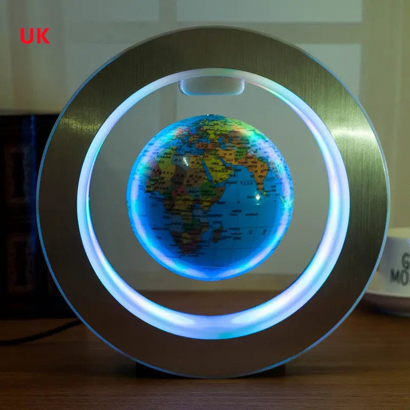 LED floating globe with magnetic levitation and blue LED illumination in a circular brushed silver frame