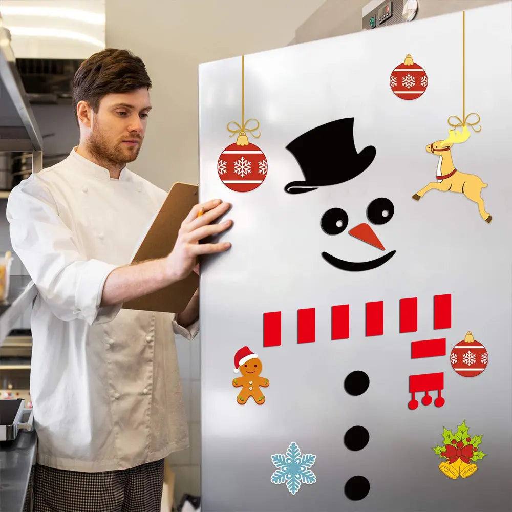Christmas Snowman Sticker waterproof PVC flat wall decal with festive snowman face and holiday ornaments on kitchen fridge door