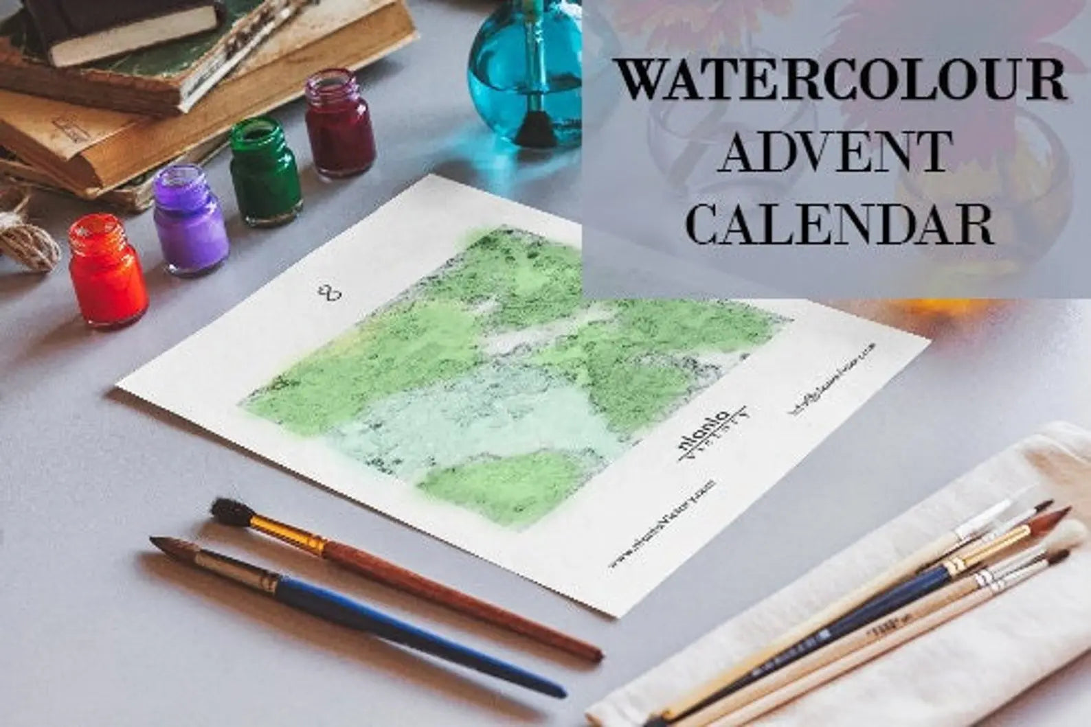 Watercolour advent calendar painting kit with brushes and colorful paint jars for Christmas crafting