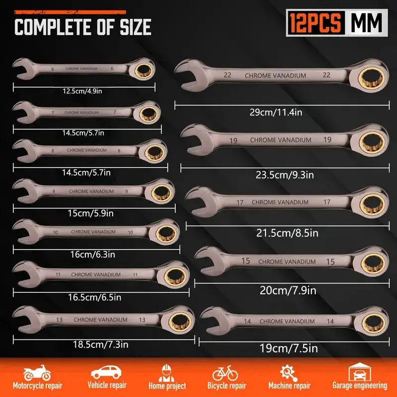 Set of 12 ratcheting wrenches with measurements on a black background