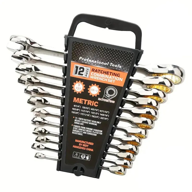 Set of patching combination wrenches in a black carrying case on a white background