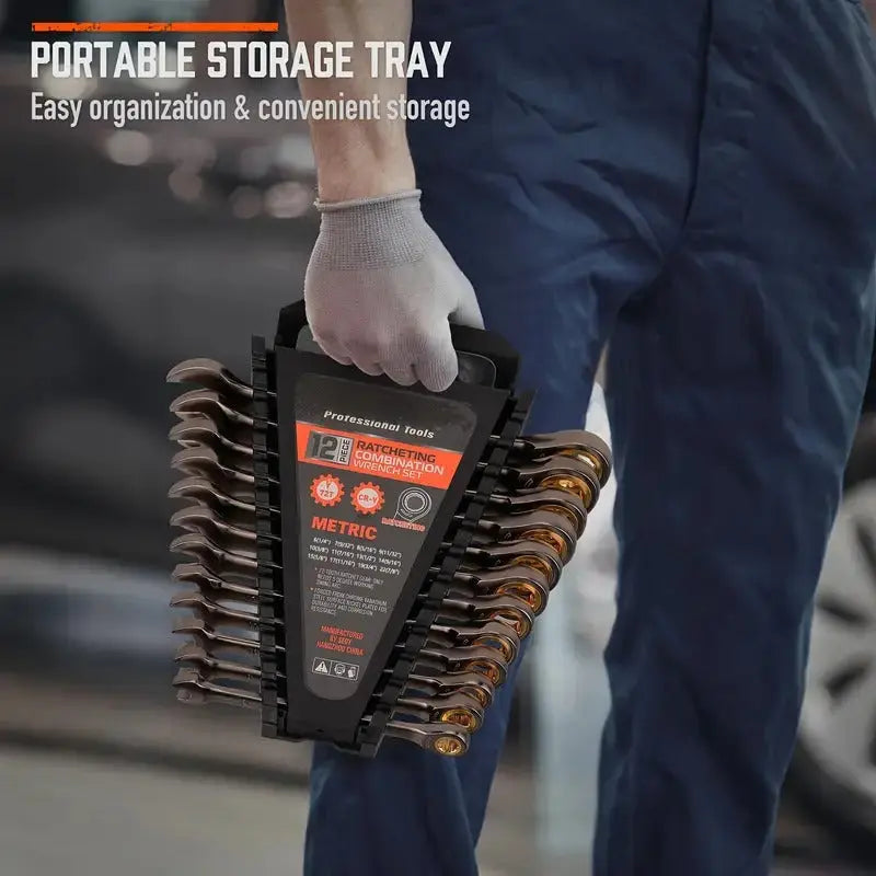 Person holding a portable storage tray with wrenches, labeled 'Professional Tools'.