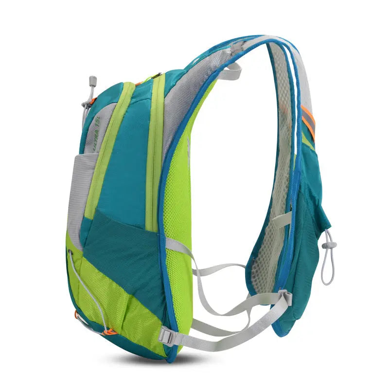 Water-resistant nylon 15L cycling backpack with breathable straps and multiple compartments for outdoor use