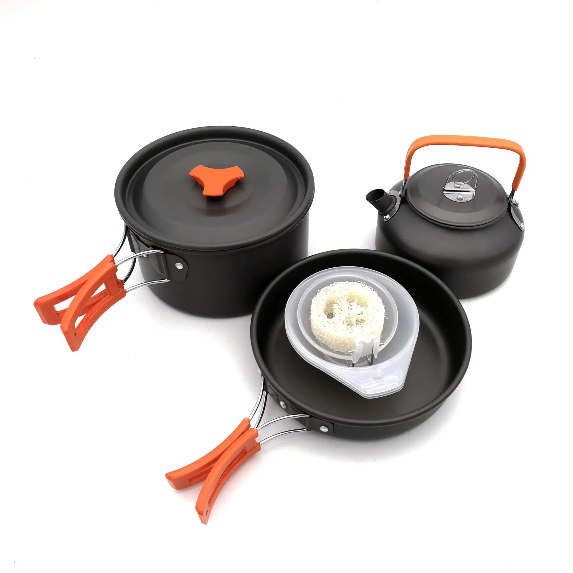 Ultra-light aluminum alloy camping cookware set with pot, frying pan, teapot, and orange handles