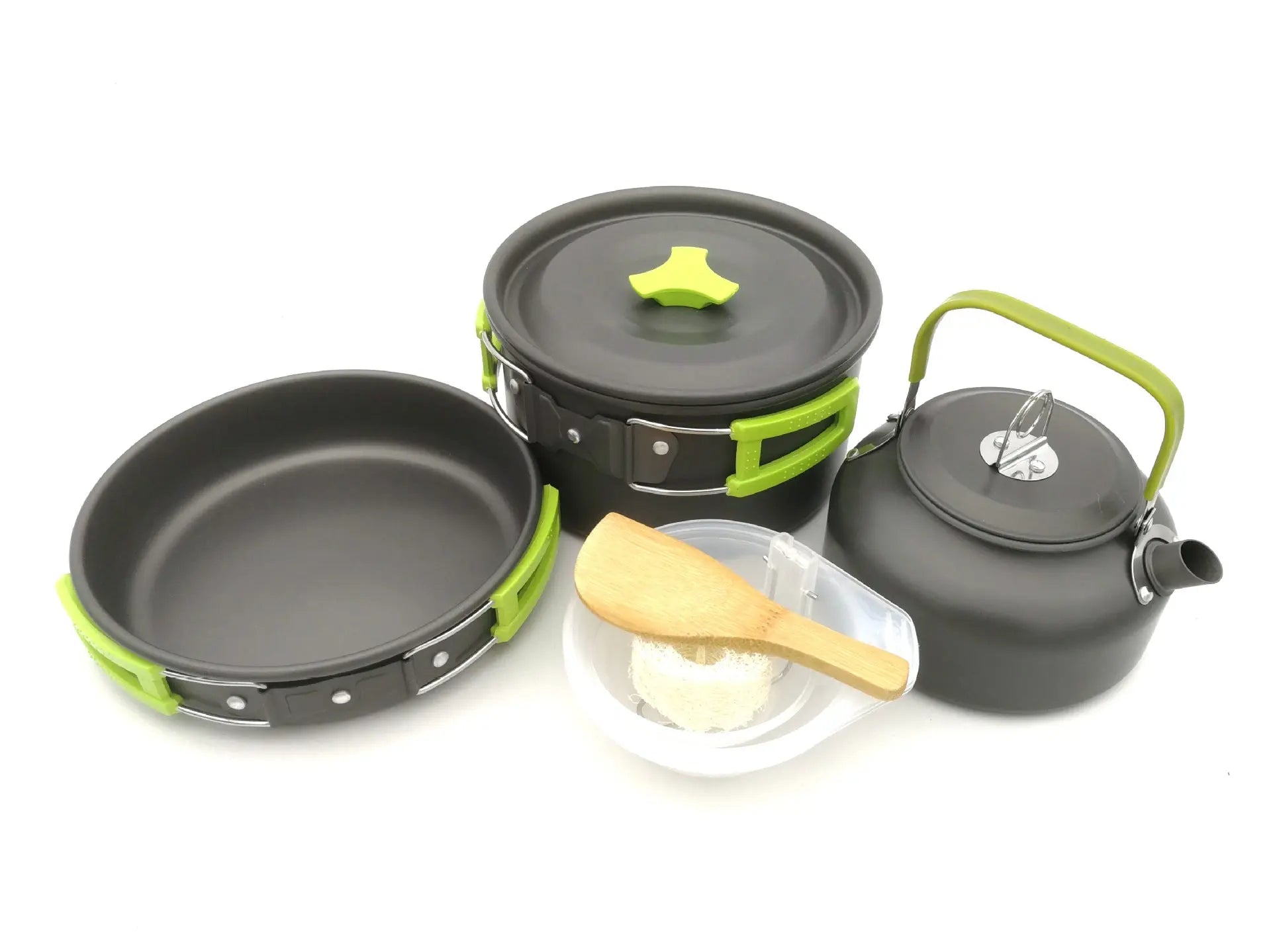 Ultra-light aluminum alloy camping cookware set with pot, frying pan, teapot, and utensils for outdoor cooking