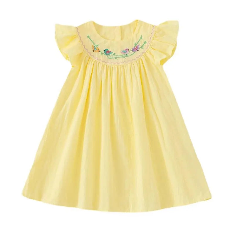 Summer Baby Kids Girls Sleeveless Birds Embroidery Yellow Dress-1