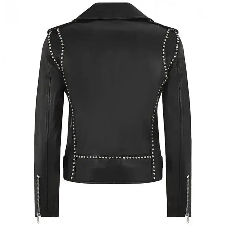 Back view of women's black leather motorcycle jacket with studded detailing and zipper sleeves