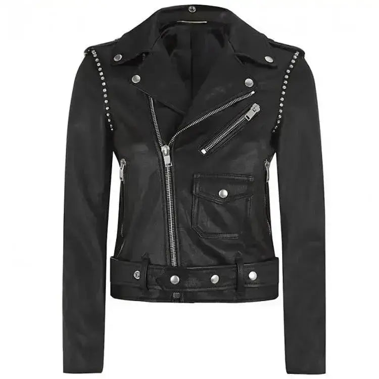 Womens black leather motorcycle jacket with studs and asymmetric zipper closure